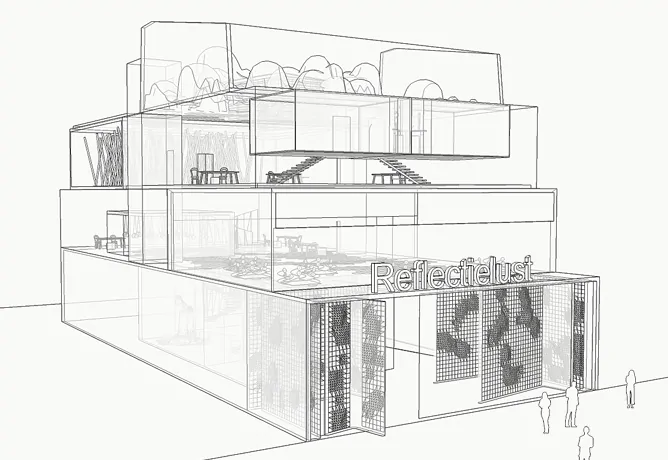 Tekening van het totaalbeeld van het gebouw